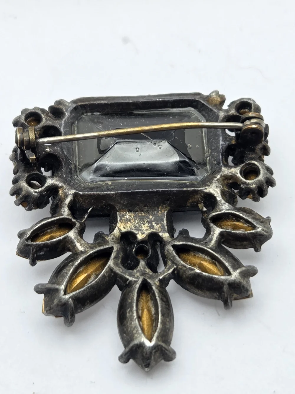 Vintage Black Glass Emerald Cut Rhinestone Brooch Pin Statement